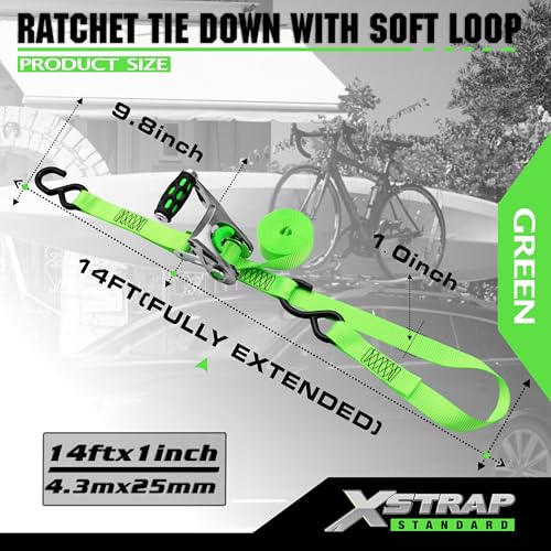 XSTRAP STANDARD 1in x 14ft Ratchet Straps with Ergonomic Aluminium Alloy Handle and Coated S-Hooks - 500 lb. Working Load Limit / 1,500 lb. Breaking Strength - Green, 4PK - Thumbnail 6