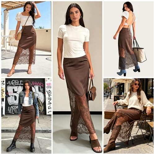 Women's 2026 Lace Patchwork Bodycon Skirt - High Waist Elegant Solid Maxi Long Skirt (US, Alpha, Medium, Regular, Regular, Brown) - Thumbnail 2