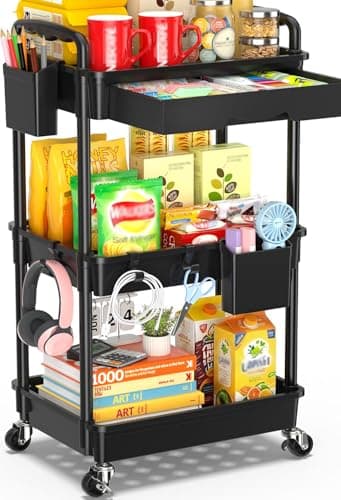SUNALLY 3 Tier Rolling Cart with Drawer, Bathroom Storage Organizer with 2 Lockable Wheels, Multifunctional Rolling Storage Cart for Bathroom, Kitchen, Office, Craft, Makeup, Baby Essentials, Black - Image 1