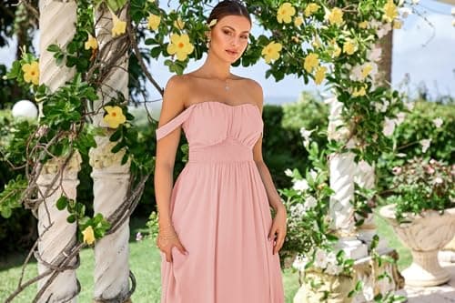 GRACE KARIN Summer Light Pink Dress for Women 2026,Off the Shoulder Smocked Bridesmaid Dresses,Formal Baby Shower Maxi Dresses M - Thumbnail 4
