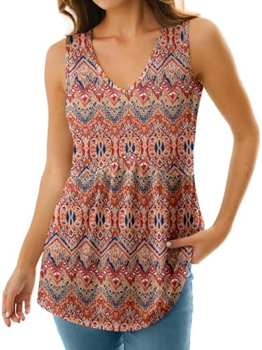 GKBK Womens Tank Tops 2026 V Neck Babydoll Flowy Peplum Tops for Women Dressy Boho Sleeveless Floral Tank Tops Bohemia Orange - Thumbnail 2