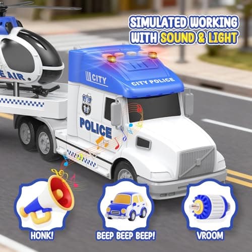 Toddler Toys for 3 4 5 6 Year Old Boys - 27" Large Police Semi Truck Toy with Racing Car and Helicopter, 3-in-1 Friction Powered Transport Vehicle with Lights Sounds, Christmas Birthday Gifts for Boys - Thumbnail 3