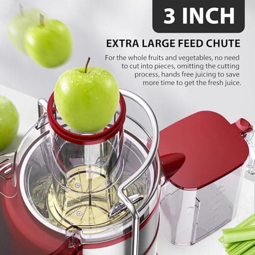 KOIOS 1300W Centrifugal Juicer Machine, Juice Extractor with Extra Large 3 Inch Feed Chute, Full Copper Motor, Titanium-Plated Filter, High Juice Yield, 3 Speeds Mode, Brush Included, Non-BPA, Red - Thumbnail 3