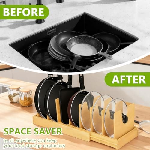 VKDDM Pots and Pans Organizer for under Cabinet - Expandable Bamboo Pot Lid Organizer, Bakeware and Cutting Board Organizers, Drawer Pot Lid Holder Rack for Kitchen Organizers and Storage - Thumbnail 3