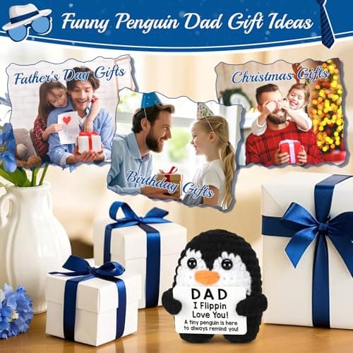 Fathers Day Dad Gifts from Daughter Son Birthday, Handmade Crochet Penguin Father's Day Dad Birthday Gifts, Mini Funny I Love You Gift for Dads Bonus Step Daddy Father Mens Positive Cute Decor - Thumbnail 5