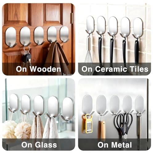 10 Pcs Metal Hooks, Adhesive Hooks for Hanging, Key Hooks, Wall Hooks, Coat Hooks, Door Hooks, Towel Holder, Picture Hanger, Command Hooks, Storage Hooks, Utility Hooks for Bathroom, Kitchen (Silver) - Thumbnail 5