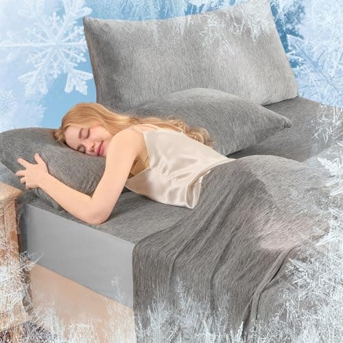 OMERAI 4 Piece Cooling King Size Sheet Set, Bed Sheets Set with 1 Flat Sheet, 1 Fitted Sheet & 2 Pillowcases, Breathable Cool-to-Touch Fabric, Soft Smooth Deep Pockets Bed Sheets for Summer, Grey - Image 1