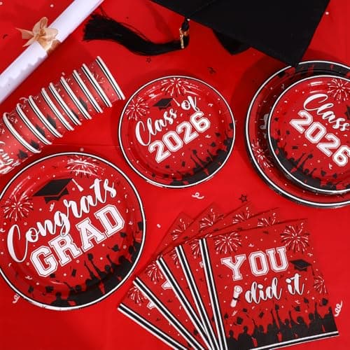 NatNarr Graduation Decorations 2026, Red Graduation Party Supplies Include Class Of 2026 Grad Plates Napkins Cups Tablecloth Congrats Grad Banner for Middle College High School, Serve 25 Guest - Thumbnail 3