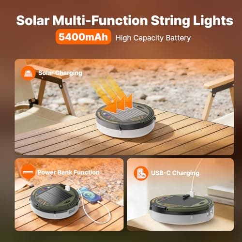 OGERY Solar Camping String Lights, 5400mAh/ 49.2FT/ 11 Modes Rechargeable Camping Lights Outdoor/Indoor, 4-in-1 Quick Storage Fairy Tent Lights Portable LED Lamp for Patio Yard Party Decor Essentials - Thumbnail 4