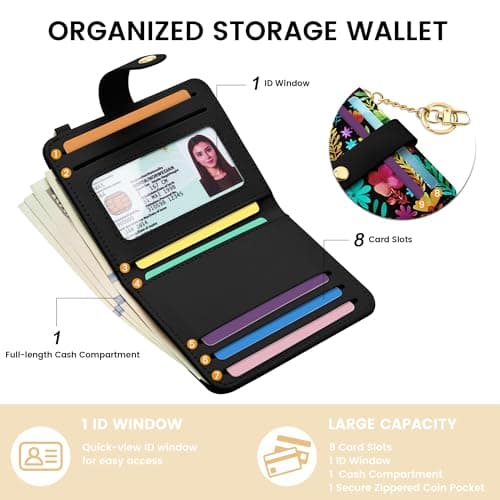 Sodsay Small Slim Wallet Women RFID Blocking, PU Leather Bifold Ladies Wallet with Zipper Coin Pocket, Thin Cute Travel Card Wallets for Girls, Black Garden - Thumbnail 4