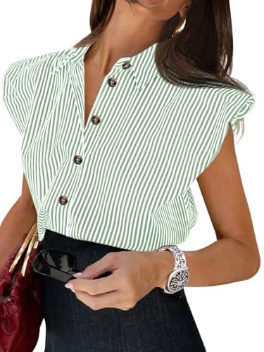 Tankaneo Womens Cap Sleeve Button Down Shirt Summer Striped Collared Tops Loose Casual Dressy Blouse Green