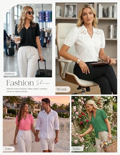 GRACE KARIN Women's 2026 Summer Casual Tops, Dressy Short Sleeve Lace Shirts, V Neck Button Down Work Blouses Outfits Shirt Green M - Thumbnail 2