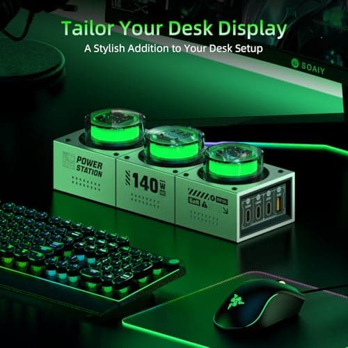Mfish E-Tank 140W GaN Desktop Charging Station, 7-in-1 Charging Hub with 3 AC Outlets & 4 USB-C Ports (Up to 140W PD 3.1), RGB Desk Power Hub for Gaming Setup, Creator Workstation & Home Office - Thumbnail 6