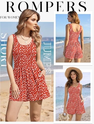 Ekouaer Rompers for Women Summer Romper Sleeveless Scoop Neck Short Jumpsuits for Women Beach Jumpsuit with Pockets 2026 Red Floral Small - Thumbnail 3