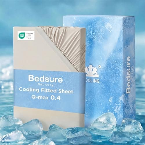 Bedsure Queen Fitted Sheet Only, Cooling Fitted Sheet Queen Size for Hot Sleeper, with 360° Elastic Corner Straps, Q-Max 0.4, Temperature Regulation Bedding for Night Sweats, Up to 16" Deep, Beige - Image 1
