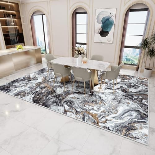 GEMBED Washable Area Rug 8x10 - Artistic Style Modern Rug for Living Room Bedroom Dining Room, Soft Low Pile Machine Washable Carpet, Non Slip Non Shedding Area Rug - Black/Gold, 8'x10' - Thumbnail 2