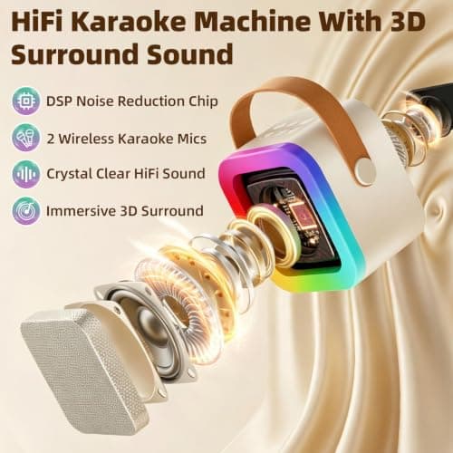 Kids Karaoke Machine Toy for Ages 3-12, Rechargeable Portable Bluetooth Speaker with 1 Wireless Microphone, LED Light Up Voice Changer, Christmas Birthday Gift for Boys Girls Grandkids (Cream - 1) - Thumbnail 3