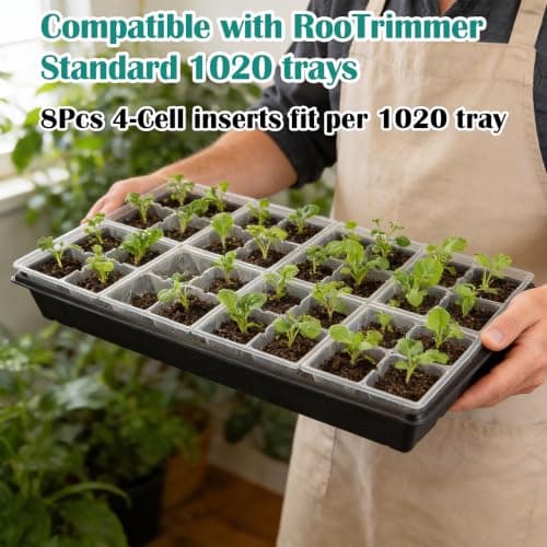 RooTrimmer 5 Pack Heavy Duty 1020 Trays and 40 Pack Clear 4 Cell Seed Starter Trays with Large Drainage Holes, Easy Transplant - for Seed Germination & Plant Propagation (5 Sets) - Thumbnail 3