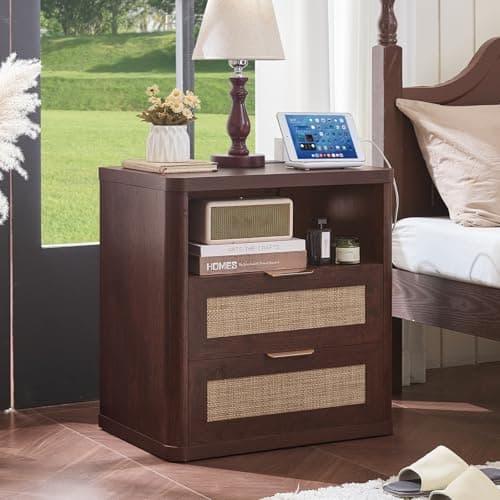 LEYAOYAO Rattan Nightstands with Charger Station, 23" Wide Boho Night Stand with 2 Drawers, Bedside Table Open Shlef, Bed Side End Table Dresser for Bedroom, Living Room Hallway, Walnut - Thumbnail 3