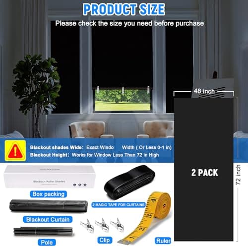 Hezbjiti 2Pack Blackout Shades for Indoor Windows, Portable Blackout Curtains No Drilling or Tools, UV Protection, Temporary Window Roller Shades for Home, Office, Bedroom, Door (48" W*72" H, Black) - Thumbnail 5
