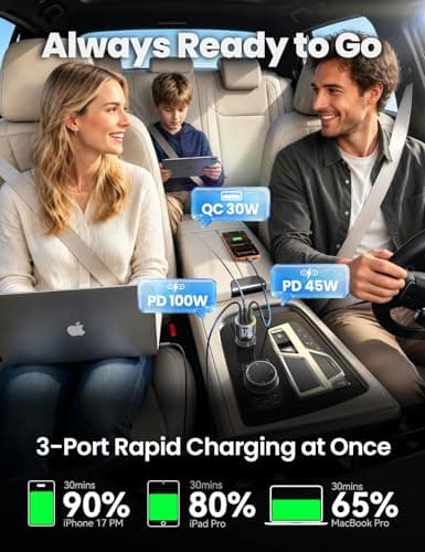 JOYROOM 175W Super Fast Car Charger [GaN] 3-Port Car Charger USB C Fast Charge with USB-C Cable, Car Cigarette Lighter USB Charger for iPhone 17/16/15, Samsung S26/25, Pixel 10, MacBook, iPad and More - Thumbnail 3
