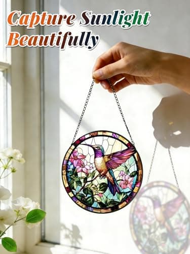 Stained Glass Window Hanging, Hummingbird Suncatcher for Door Home Decor, Birds Flowers Sun Catcher Ornament Mother's Day Birthday Gifts for Bird Lovers Women Men Mom 6.3 in - Thumbnail 4