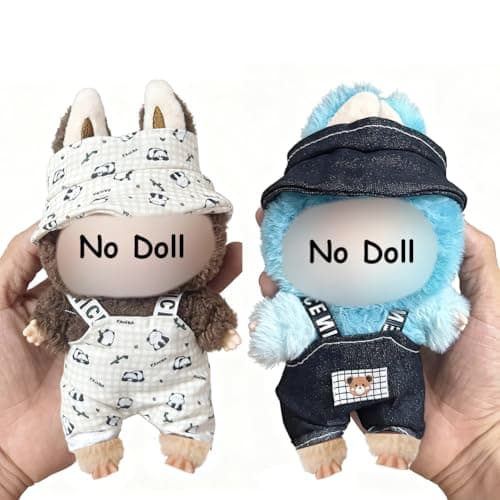 17cm Doll Clothes 2 Set - 6.7 Inches Dark Cute Hat & Overalls Outfit, Suitable for 17cm Plush Dolls, Dress-Up Accessories (Doll Not Included)-Style 4 - Image 1