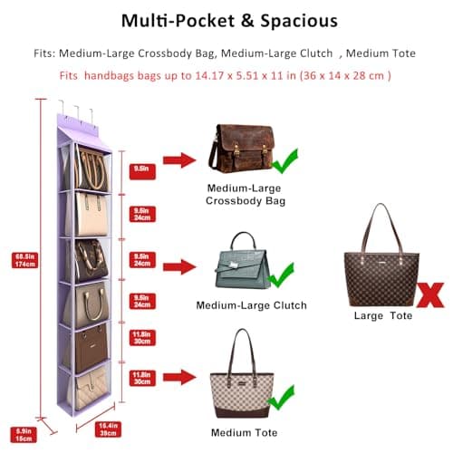 Lirex Over The Door Purse Organizer & Purse Shelf for Closet – Handbag Storage Organizer with Purse Hanger. Perfect for Scarves, Hats, and Leggings. L (15.7'' x 5.7'' x 68''), Purple - Thumbnail 2