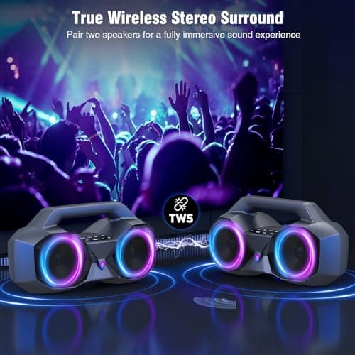 KMAG Bluetooth Speaker Wireless, 80W Loud Speaker with Deeper Bass, IPX7 Waterproof, 20H Playtime, Cool Lights, TWS, Portable Speaker for Home, Outdoor, Workshop, Party, Gift for All (Sliver) - Thumbnail 6