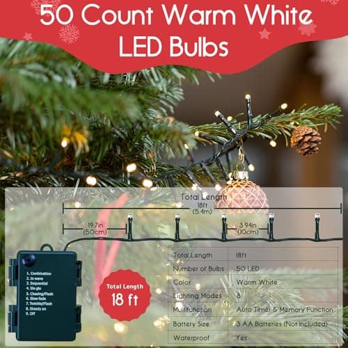 ANGSKALSA Battery Operated Christmas Lights - 50 LED Mini Lights with Auto Timer, 8 Modes, Warm White - Thumbnail 2