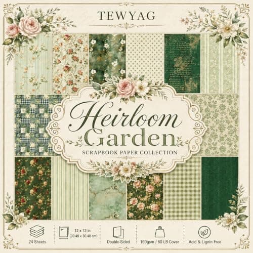 12x12 Scrapbook Paper & Scrapbooking Supplies, Vintage Green Double-Sided Patterned Cardstock Pad, Decorative Craft Sheets for Junk Journal & Photo Album, 24 Sheets