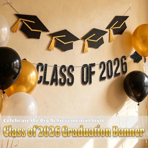 Oeyliz 2026 Graduation Banners Class of 2026 Graduation Banners Black Glitter Class of 2026 with Graduation Cap Banner Garland for Home School Decor Congratulation Graduations Party Supplies - Thumbnail 2
