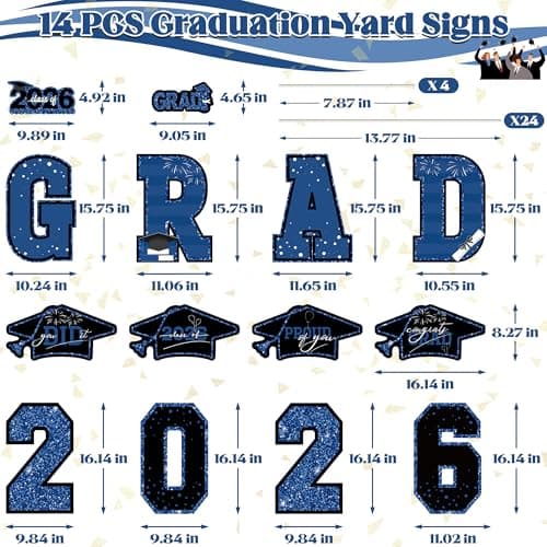 Graduation Decorations 2026, 14PCS Blue Graduation Yard Sign, Congrats Class of 2026 Yard Signs for School or College Grad Party, Outdoor Lawn Decorations, Front Yard Decor Supplies - Thumbnail 2