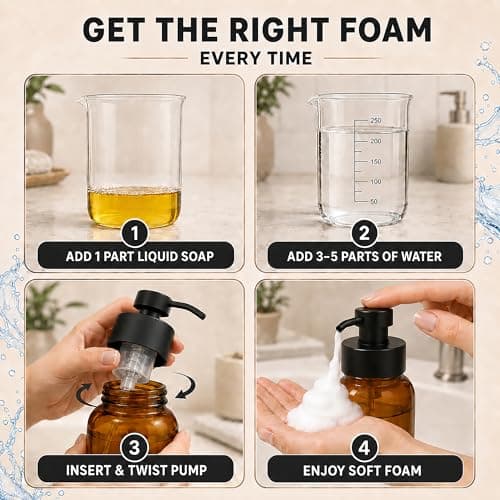 2 Pcs Amber Glass Foaming Soap Dispenser with Pump - 8.5 Oz Stylish Foaming Soap Dispenser Glass with Durable Plastic Pump for Bathroom or Kitchen Use - Non-Slip Bottom, 6 Waterproof Label Stickers - Thumbnail 5