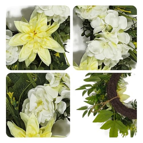 Nztze 22 Inch Wreaths for Front Door, Spring Summer Flower Wreath - Yellow Dahlia and White Hydrangea Artificial Wreath for Easter, Valentines, Front Door, Outdoor, Indoor, Window, Farmhouse Decor - Thumbnail 5