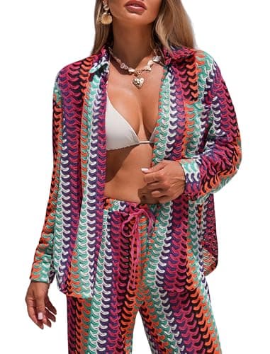 ZAFUL Womens Beach Cover Up Summer Lightweight Cardigans Crochet Boho Swimsuit Cover Up Long Sleeve Cardigans Beach Wear Multicolor S - Image 1