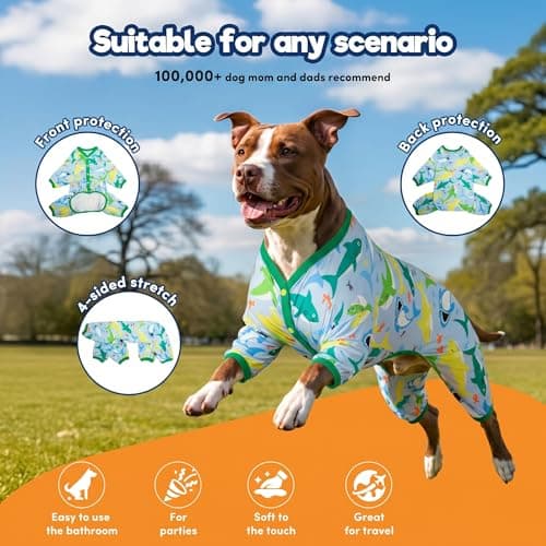 LovinPet Surgical Recovery Shirt for Large Dogs, Undershirt for Dog Coats, Lightweight Stretchy Knit Dog Onesie, Big Bites Turquoise Print, Pitbull Shirt, UV Protection,Stop Shedding for Dogs, 3XL - Thumbnail 2