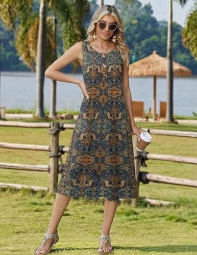 Zeagoo Womens Midi Casual Dress Summer Cotton Sundress Loose Button Down Flowy Dresses 2026 Spring Vacation Tank A Line Beach Tshirt Dresses Ethnic Blue XX-Large - Thumbnail 2
