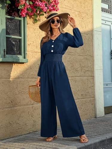 LOOKBOHO Jumpsuits for Women Dressy Casual Long Sleeve V Neck High Waist Wide Leg Romper 2026 Fall One Piece Outfits Navy Medium - Thumbnail 4