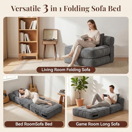 Folding Sofa Bed, Convertible Sleeper Chair with Pillow Foldable Mattress with Back Support, Portable Fold Out Chair Bed Comfy Floor Couch Lounge for Living Room Bedroom Apartment Single - Thumbnail 3