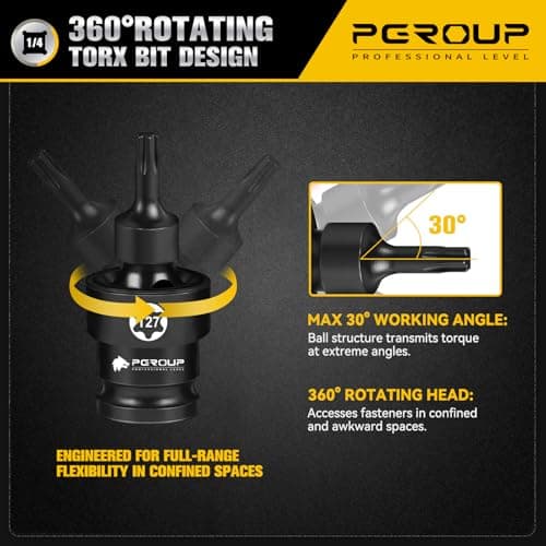 Pgroup 7PCS 3/8" Drive Universal Swivel Impact Torx Socket Set, T20-T50, CR-MO Wobble Star Sockets With Hanging Bracket for Dead Angles, Auto Repair, Mechanical Maintenance - Thumbnail 3