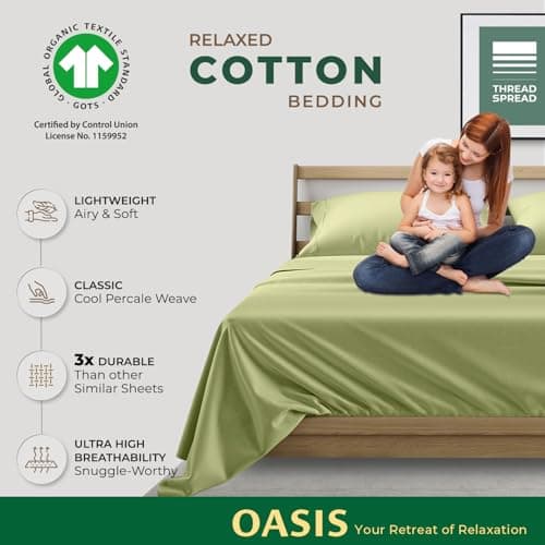 THREAD SPREAD 100% Organic Cotton Sheets King Size - 4 PC Organic Cotton King Percale Weave Sheet Set, Soft, Cooling, Crisp & Breathable, 16" Deep Pocket Hotel Quality Bedding Set - Sage Green - Thumbnail 5