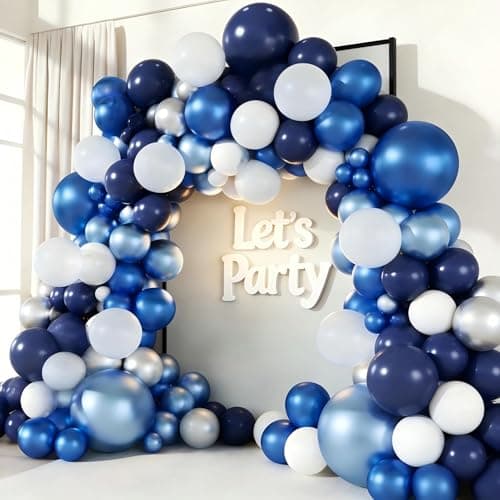 Blue White Silver Balloon Garland Arch Kit, 143 Pieces Navy Light Metallic Blue Silver White Balloons for Wedding Bridal Shower Graduation Birthday Party Decorations - Image 1