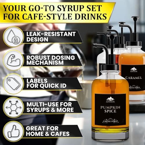 Set of 4 Glass Coffee Syrup Dispenser with Pump 16.9oz 500 ml – 18 Marked Labels – Leak-Proof Glass Syrup Bottles for Coffee Bar, Espresso Station & Barista Setups | Parties & Event Ready (Black) - Thumbnail 4