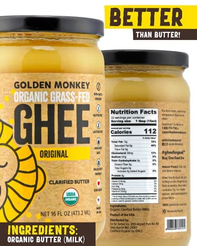 GOLDEN MONKEY Organic Ghee Butter – Grass Fed Clarified Butter for Cooking, Baking, Keto & Gut Health – Ghee Butter Organic Grass Fed from Small Farms – Smooth Spread with High Smoke Point (16oz) - Thumbnail 2
