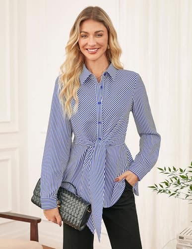 GRACE KARIN Peplum Tops for Women Tie Front Striped Button Down Shirt Collared Long Sleeve Business Casual Work Office Blouse Blue - Thumbnail 3