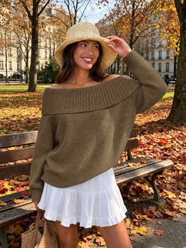 ATHMILE Brown Off the Shoulder Sweater Womens Oversized Spring Tops Batwing Sleeve Loose Pullover Fall Winter Outfits - Thumbnail 2