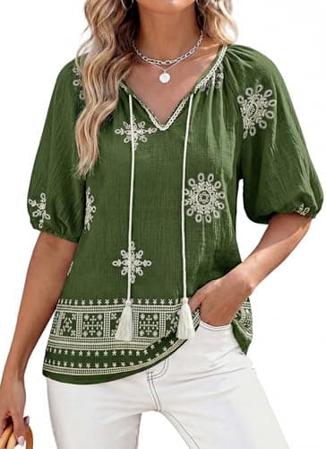 CFLONGE Womens Summer Boho Tops Casual Puff Short Sleeve Blouses V Neck Floral Shirts Loose Tie Front Flowy Vacation Clothes(Army Green White Flower,XX-Large) - Image 1