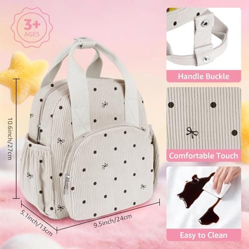 Easozoom Insulated Corduroy Lunch Bag for Teen Girl Kid Women, Large Lunch Box, Reusable Portable Leakproof Lunchbox for School Travel Office Picnic (Polka Dot&Bow White) - Thumbnail 2