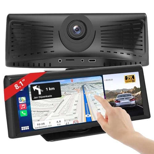 Portable Wireless Carplay Screen for Car with Dash Cam & 1080P Backup Camera, 8.1" Touch Screen Car Stereo with Apple Carplay & Android Auto, BT/FM/AUX/GPS Nav/Mirror Link/Voice Control - Image 1